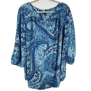 Talbots Woman Blue Paisley Blouse 2X Lightweight Vneck 3/4 Sleeves Office Career